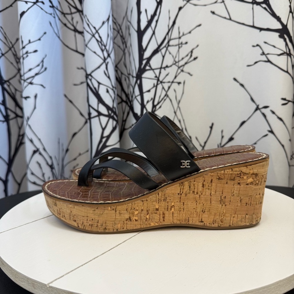 Sam Edelman Rayna Cork Wedge Strap Black Slide Sandals Women's Size 8.5 M
